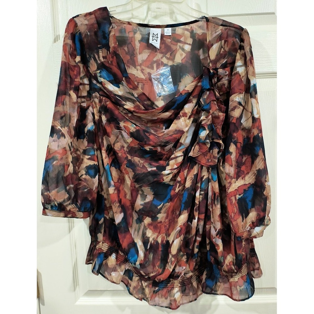 Marc Bouwer Women 1X Abstract Print‎ Chiffon Blouson Ruffle Smocked Hem 1XL NWT